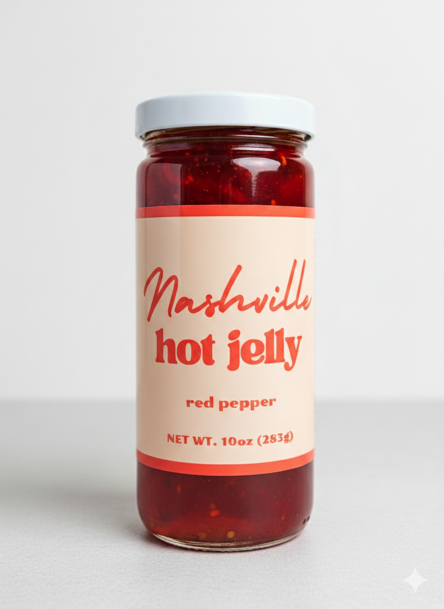Jar of Nashville Hot Jelly with a red label on a white background