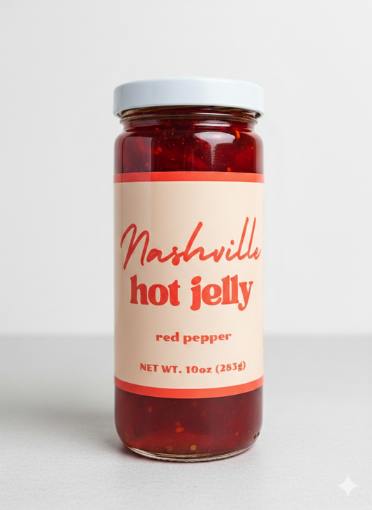Jar of Nashville Hot Jelly with a red label on a white background
